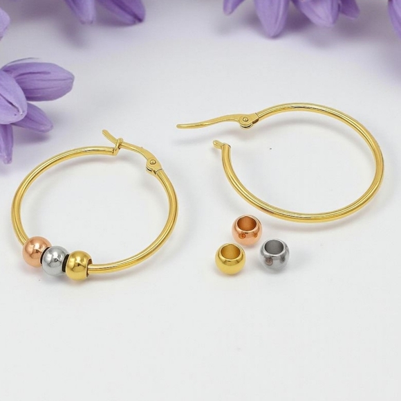🆕️18K Gold Plated Stainless Steel Tri-Color Beaded Hoop Earrings Trendy & Chic - Picture 1 of 10